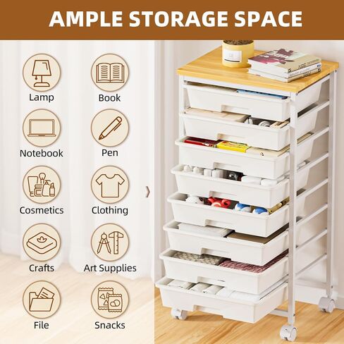 Rolling Storage Cart with 8 Drawers, Utility Cart with Wooden Tabletop and Lockable Wheels, Movable Craft Cart, Craft Storage Organizer for Living Room, Bedroom, Classroom, Office, White in Saudi Arabia