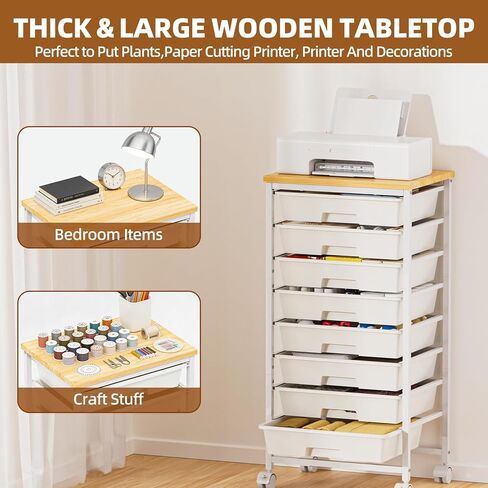 Rolling Storage Cart with 8 Drawers, Utility Cart with Wooden Tabletop and Lockable Wheels, Movable Craft Cart, Craft Storage Organizer for Living Room, Bedroom, Classroom, Office, White in Saudi Arabia