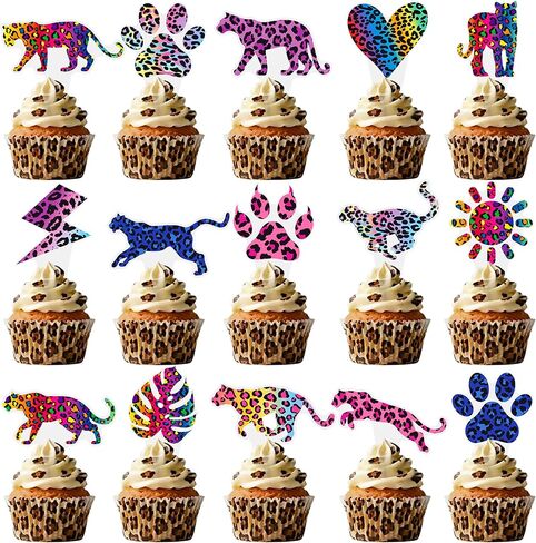 48Pcs Cheetah Print Cupcake Toppers - Colorful Neon Leopard, Paw Print, Heart, Lightning Bolt Cake Picks for 80s 90s Retro Party, Animal Print Birthday, Bachelorette, Glow Party Decorations in Kuwait