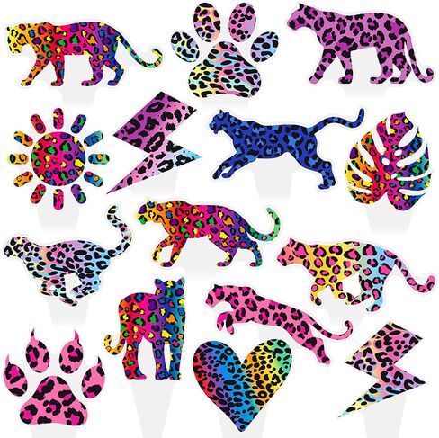 48Pcs Cheetah Print Cupcake Toppers - Colorful Neon Leopard, Paw Print, Heart, Lightning Bolt Cake Picks for 80s 90s Retro Party, Animal Print Birthday, Bachelorette, Glow Party Decorations in Kuwait