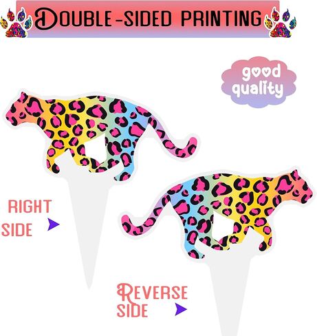 48Pcs Cheetah Print Cupcake Toppers - Colorful Neon Leopard, Paw Print, Heart, Lightning Bolt Cake Picks for 80s 90s Retro Party, Animal Print Birthday, Bachelorette, Glow Party Decorations in Kuwait