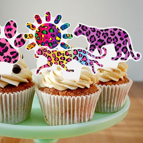 48Pcs Cheetah Print Cupcake Toppers - Colorful Neon Leopard, Paw Print, Heart, Lightning Bolt Cake Picks for 80s 90s Retro Party, Animal Print Birthday, Bachelorette, Glow Party Decorations in Kuwait