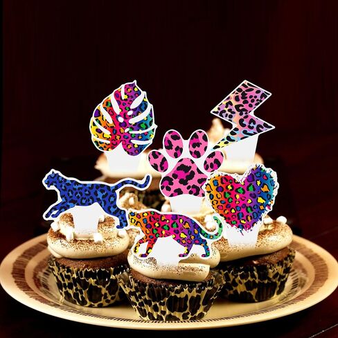 48Pcs Cheetah Print Cupcake Toppers - Colorful Neon Leopard, Paw Print, Heart, Lightning Bolt Cake Picks for 80s 90s Retro Party, Animal Print Birthday, Bachelorette, Glow Party Decorations in Kuwait