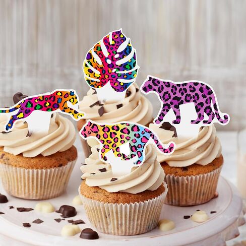 48Pcs Cheetah Print Cupcake Toppers - Colorful Neon Leopard, Paw Print, Heart, Lightning Bolt Cake Picks for 80s 90s Retro Party, Animal Print Birthday, Bachelorette, Glow Party Decorations in Kuwait