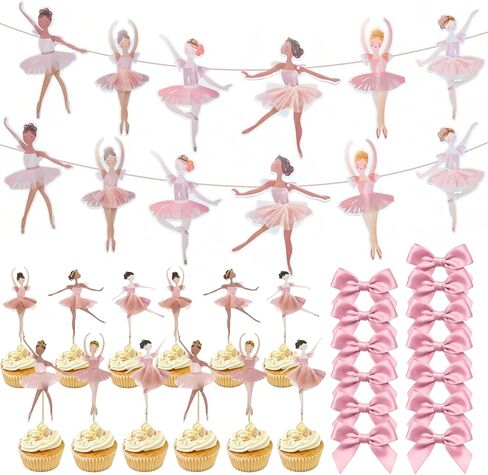 Ballerina Birthday Party Decorations, Pink Ballerina Cupcake Topper and Ballet Dancer Banner with Bow Garland, Party Supplies for Girls Birthday, Baby Shower, 37 Pcs Set in Saudi Arabia