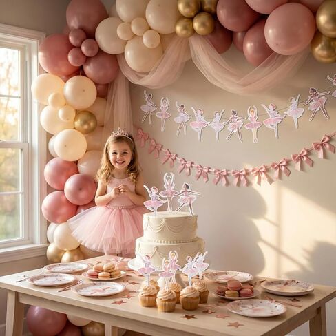 Ballerina Birthday Party Decorations, Pink Ballerina Cupcake Topper and Ballet Dancer Banner with Bow Garland, Party Supplies for Girls Birthday, Baby Shower, 37 Pcs Set in Saudi Arabia