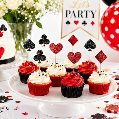 12 PCS Casino Poker Cupcake Toppers Glitter Poker Game Cupcake Picks for Las Vegas Theme Birthday Party Celebration Decorations Supplies in Saudi Arabia