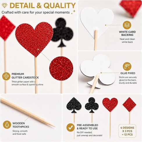 12 PCS Casino Poker Cupcake Toppers Glitter Poker Game Cupcake Picks for Las Vegas Theme Birthday Party Celebration Decorations Supplies in Saudi Arabia
