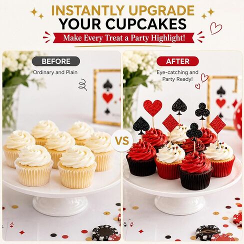 12 PCS Casino Poker Cupcake Toppers Glitter Poker Game Cupcake Picks for Las Vegas Theme Birthday Party Celebration Decorations Supplies in Saudi Arabia