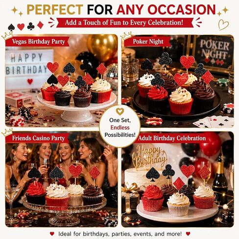 12 PCS Casino Poker Cupcake Toppers Glitter Poker Game Cupcake Picks for Las Vegas Theme Birthday Party Celebration Decorations Supplies in Saudi Arabia