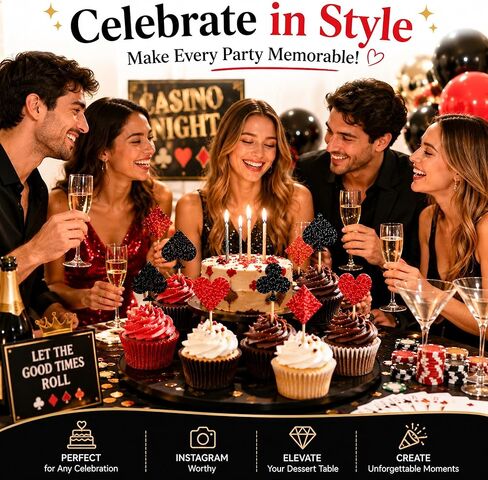 12 PCS Casino Poker Cupcake Toppers Glitter Poker Game Cupcake Picks for Las Vegas Theme Birthday Party Celebration Decorations Supplies in Saudi Arabia