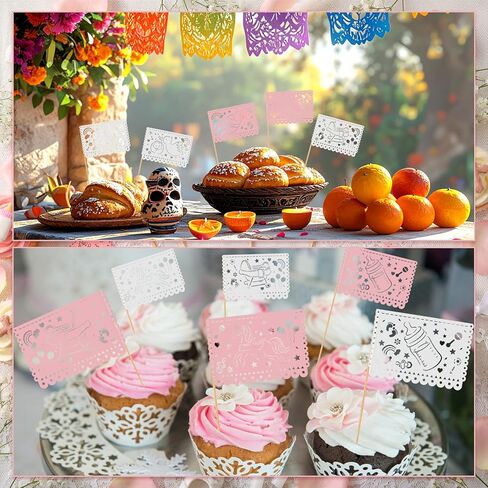 Mifoci 80 Pcs Cielito Lindo Baby Shower Cupcake Toppers Papel Picado Cake Toppers Mexican Fiesta Theme Party Decorations Supplies for Baby Shower Banquet Celebration Party Supplies Decor in Kuwait