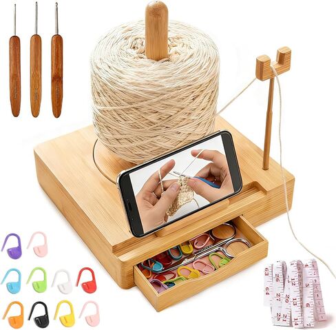 Wooden Yarn Holder: Smooth Rotating Yarn Stand with Knitting Accessory Storage and Phone Stand Function. Includes 10pcs Stitch Markers, Ideal for Crochet and Knitting Enthusiasts. (Walnut Color) in Saudi Arabia