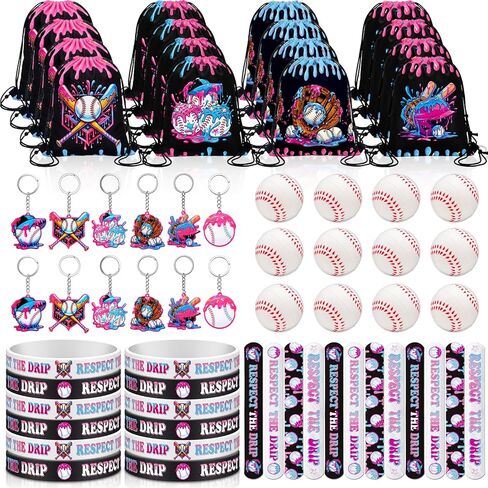 Tudomro 60 Pcs Ice Cream Drip Baseball Party Favor Include Ice Cream Drip Drawstring Goodie Bags Keychains Slap Bracelets Baseball Stress Balls Bracelets for Summer Sport Team Party Supplies(Black) in Saudi Arabia