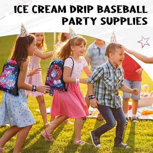 Tudomro 60 Pcs Ice Cream Drip Baseball Party Favor Include Ice Cream Drip Drawstring Goodie Bags Keychains Slap Bracelets Baseball Stress Balls Bracelets for Summer Sport Team Party Supplies(Black) in Saudi Arabia