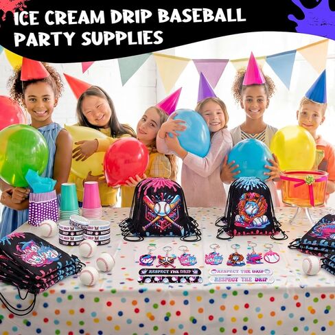 Tudomro 60 Pcs Ice Cream Drip Baseball Party Favor Include Ice Cream Drip Drawstring Goodie Bags Keychains Slap Bracelets Baseball Stress Balls Bracelets for Summer Sport Team Party Supplies(Black) in Saudi Arabia
