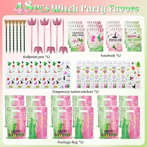 48Pcs Pink and Green Witch Party Favors, Witch Birthday Decorations, Ballpoint Pens, Notebooks, Temporary Tattoo Stickers, Classroom Rewards Student Birthday Gifts Party Supplies in Saudi Arabia