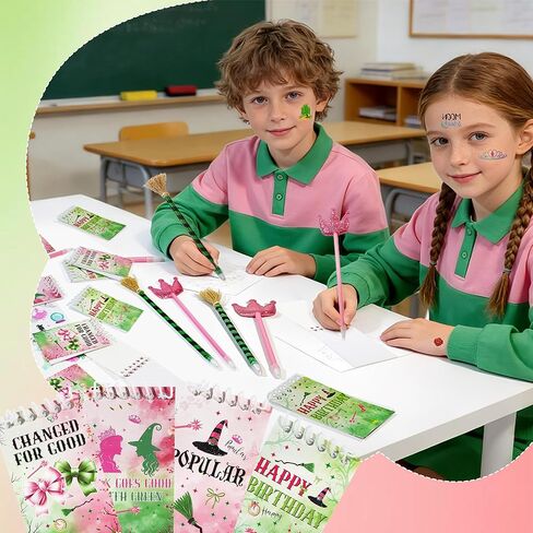 48Pcs Pink and Green Witch Party Favors, Witch Birthday Decorations, Ballpoint Pens, Notebooks, Temporary Tattoo Stickers, Classroom Rewards Student Birthday Gifts Party Supplies in Saudi Arabia
