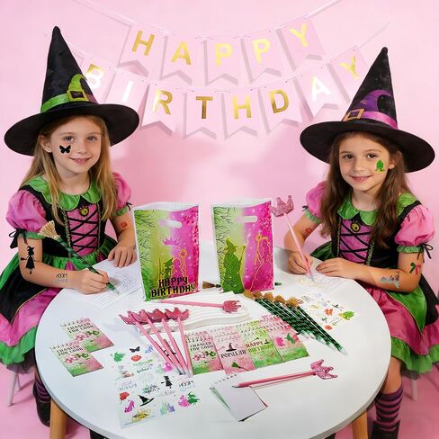48Pcs Pink and Green Witch Party Favors, Witch Birthday Decorations, Ballpoint Pens, Notebooks, Temporary Tattoo Stickers, Classroom Rewards Student Birthday Gifts Party Supplies in Saudi Arabia