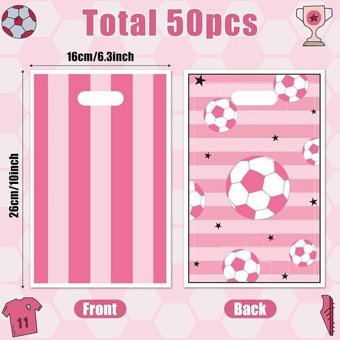 50Pcs Pink Soccer Party Favor Bags, Soccer Theme Plastic Candy Goodie Treat Gift Bag with Handles Football Team Sport Party Supplies Birthday Decoration Gift for Football Lovers in Saudi Arabia