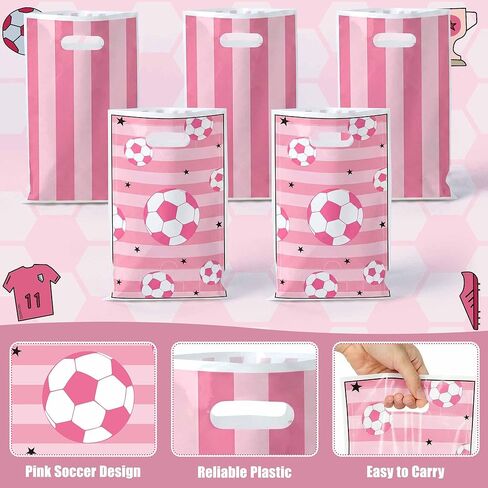 50Pcs Pink Soccer Party Favor Bags, Soccer Theme Plastic Candy Goodie Treat Gift Bag with Handles Football Team Sport Party Supplies Birthday Decoration Gift for Football Lovers in Saudi Arabia