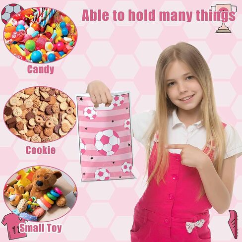 50Pcs Pink Soccer Party Favor Bags, Soccer Theme Plastic Candy Goodie Treat Gift Bag with Handles Football Team Sport Party Supplies Birthday Decoration Gift for Football Lovers in Saudi Arabia