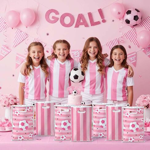 50Pcs Pink Soccer Party Favor Bags, Soccer Theme Plastic Candy Goodie Treat Gift Bag with Handles Football Team Sport Party Supplies Birthday Decoration Gift for Football Lovers in Saudi Arabia
