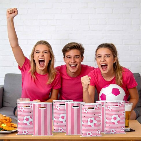 50Pcs Pink Soccer Party Favor Bags, Soccer Theme Plastic Candy Goodie Treat Gift Bag with Handles Football Team Sport Party Supplies Birthday Decoration Gift for Football Lovers in Saudi Arabia