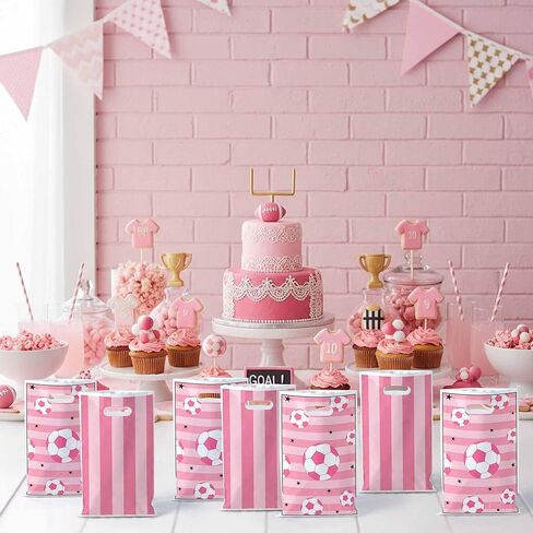 50Pcs Pink Soccer Party Favor Bags, Soccer Theme Plastic Candy Goodie Treat Gift Bag with Handles Football Team Sport Party Supplies Birthday Decoration Gift for Football Lovers in Saudi Arabia