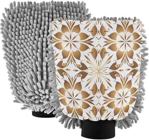 ALAZA Gold Geometric Flower Floral Car Wash Mitt Scratch Free, 2 Pack Absorbent Microfiber/Chenille Washing & Drying Mitts, L in Saudi Arabia