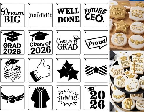 2026 Graduations Cookie Stencil for Beginner DIY Crafts Wall Canvas Paper Fabric Baking Party Decor (16) in Saudi Arabia
