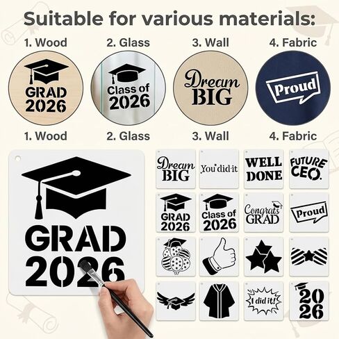 2026 Graduations Cookie Stencil for Beginner DIY Crafts Wall Canvas Paper Fabric Baking Party Decor (16) in Saudi Arabia