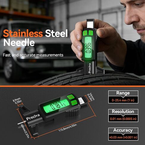 Preciva Rechargeable Tire Tread Depth Gauge, Touch Screen Digital Tire Depth Gauge with Lighting, in/MM/F Conversion, IP54 Waterproof, Auto Power Off, for Tread Depth, Brake Shoe and Pad Wear in Kuwait