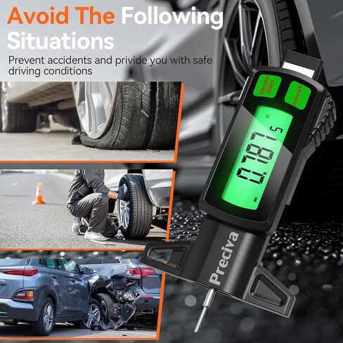 Preciva Rechargeable Tire Tread Depth Gauge, Touch Screen Digital Tire Depth Gauge with Lighting, in/MM/F Conversion, IP54 Waterproof, Auto Power Off, for Tread Depth, Brake Shoe and Pad Wear in Kuwait