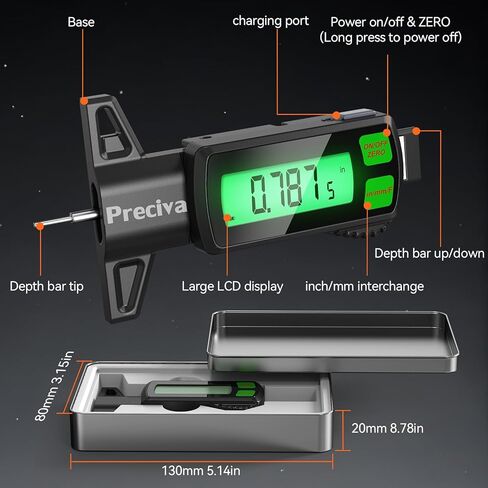 Preciva Rechargeable Tire Tread Depth Gauge, Touch Screen Digital Tire Depth Gauge with Lighting, in/MM/F Conversion, IP54 Waterproof, Auto Power Off, for Tread Depth, Brake Shoe and Pad Wear in Kuwait