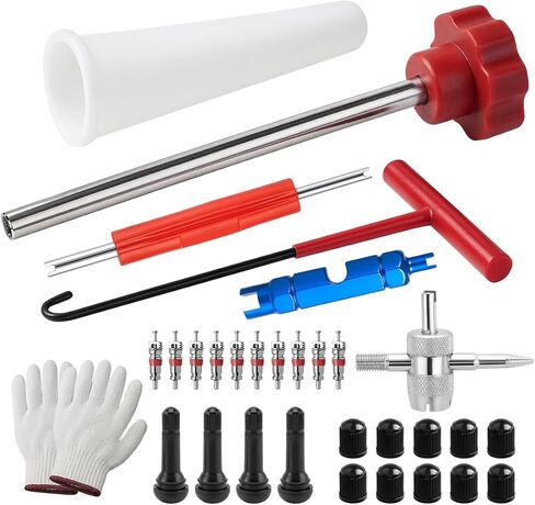 Car Tire Valve Quick Change Tool Kit, 7PCS Tyre Valve Stem Core Replacement Set Includes 4PCS TR413 Valve Stems, Replacing Leaky Valves Stem Installation Tool, Universal Fit (Red) in Kuwait
