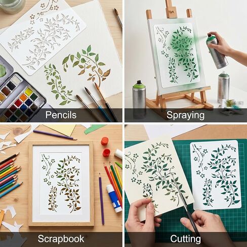 Amabro 2 Pack Large Vine Wall Stencils, Reusable Flower Stencils Crafts Templates Branches Layering Leaf Leaves Stencil Decorations for Drawing Painting on Wood Furniture Canvas Card Making(10" x 7") in Kuwait