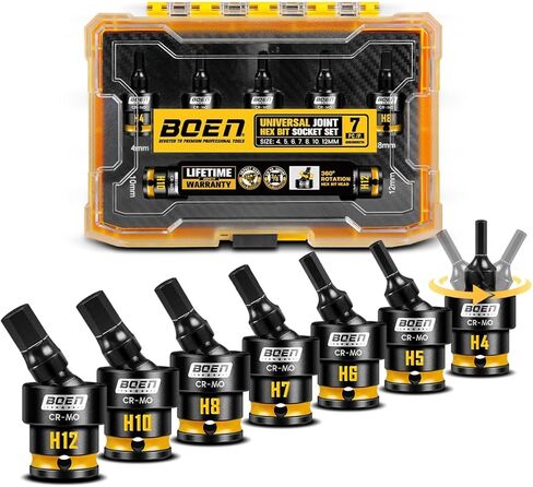 boen 3/8" Drive Universal Allen Bit Socket Set, 7PCS Impact Swivel Hex Bit Sockets (H4-H12), 360° Rotation Flexible Wobble Allen Bit Driver Socket Set, Yellow Embossed Marking, CR-MO Steel in Kuwait