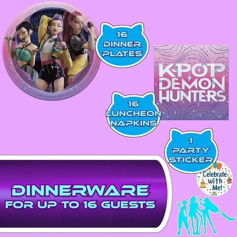 Unique K-Pop Demon Hunters Party Supplies | Dessert Plates Beverage Napkins Set | Serves 16 | Officially Licensed | Birthday Tableware For Kids, Snacks, Cupcakes, Easy Cleanup in Kuwait