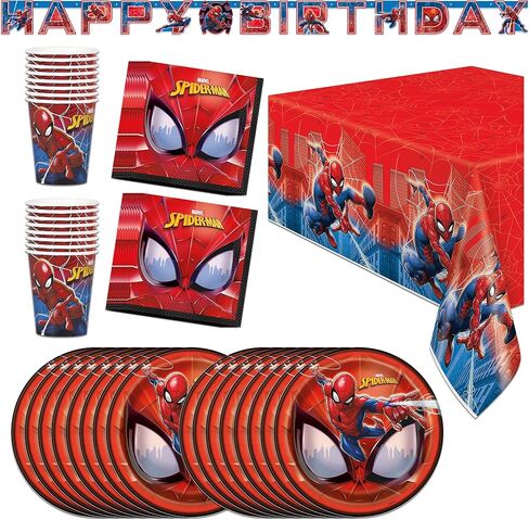 Unique Spider-Man Party Supplies | Deluxe Tableware Party Kit | Serves 16 | Officially Licensed | Plates, Napkins, Cups, Table Cover, and Banner | Birthday Decor For Kids, Quick Setup in Kuwait