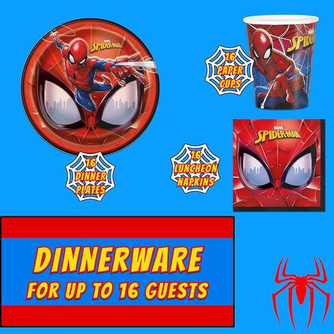 Unique Spider-Man Party Supplies | Deluxe Tableware Party Kit | Serves 16 | Officially Licensed | Plates, Napkins, Cups, Table Cover, and Banner | Birthday Decor For Kids, Quick Setup in Kuwait