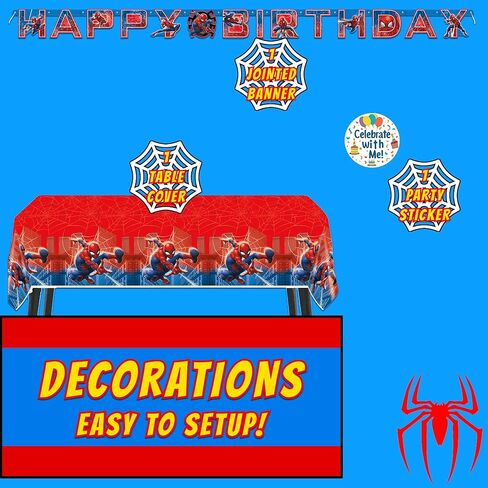 Unique Spider-Man Party Supplies | Deluxe Tableware Party Kit | Serves 16 | Officially Licensed | Plates, Napkins, Cups, Table Cover, and Banner | Birthday Decor For Kids, Quick Setup in Kuwait