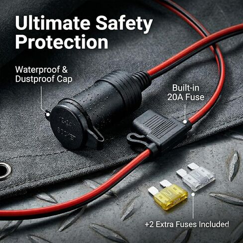13AWG Heavy Duty Car Cigarette Lighter Socket with 20A Fuse, 12V 24V Female Socket to 12V Alligator Clip, 3FT Replacement Power Cord for Inverter, Air Pump, Car Fridge in Saudi Arabia