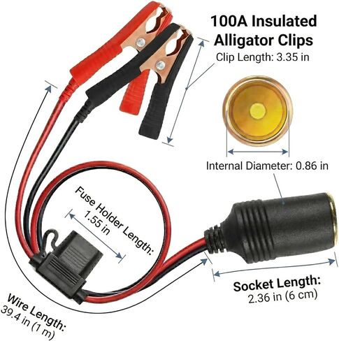13AWG Heavy Duty Car Cigarette Lighter Socket with 20A Fuse, 12V 24V Female Socket to 12V Alligator Clip, 3FT Replacement Power Cord for Inverter, Air Pump, Car Fridge in Saudi Arabia