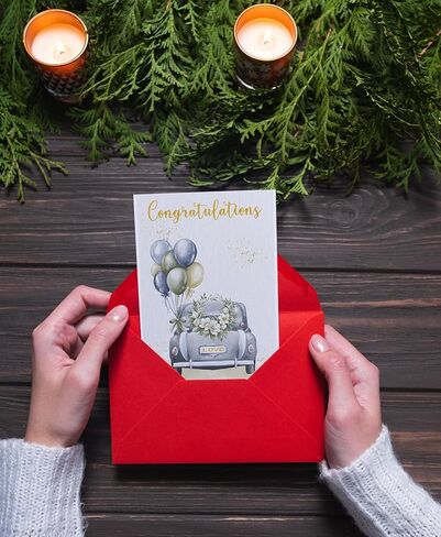 Wedding Card - Congratulations Mr & Mrs, Engagement & Marriage Gift, Folded 5"x7" Card with Red Envelope & Sticker - 350gsm Cardstock with Watercolor Design in Saudi Arabia