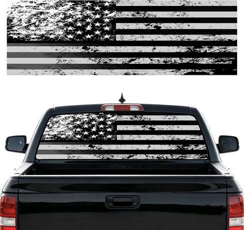 Rear Window Decal for Trucks, 65" x 17" Black and White American Flag Back Window Graphic, See-Through Perforated Vinyl Truck Window Decal, Fits Most Pickup Trucks, Patriotic Rear Window Graphic in Saudi Arabia