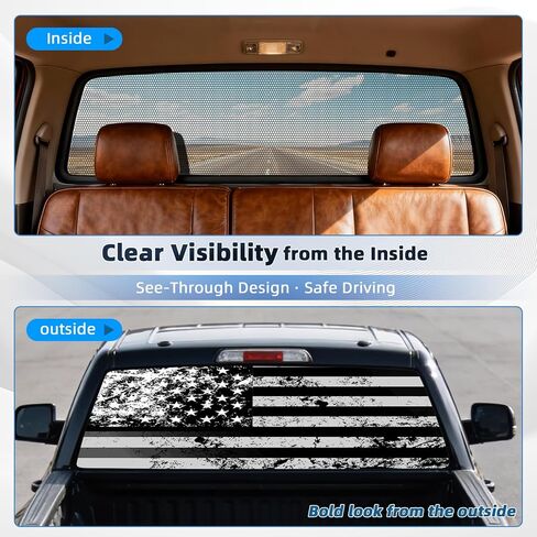 Rear Window Decal for Trucks, 65" x 17" Black and White American Flag Back Window Graphic, See-Through Perforated Vinyl Truck Window Decal, Fits Most Pickup Trucks, Patriotic Rear Window Graphic in Saudi Arabia