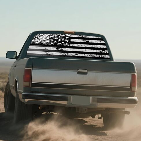 Rear Window Decal for Trucks, 65" x 17" Black and White American Flag Back Window Graphic, See-Through Perforated Vinyl Truck Window Decal, Fits Most Pickup Trucks, Patriotic Rear Window Graphic in Saudi Arabia