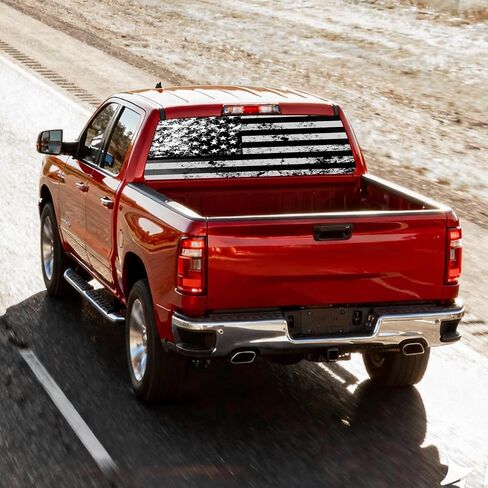 Rear Window Decal for Trucks, 65" x 17" Black and White American Flag Back Window Graphic, See-Through Perforated Vinyl Truck Window Decal, Fits Most Pickup Trucks, Patriotic Rear Window Graphic in Saudi Arabia