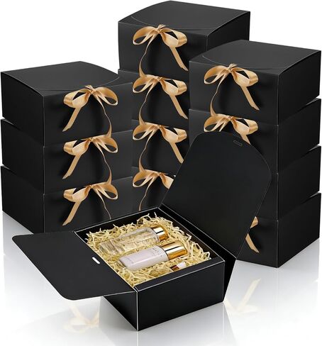 JIANTA 12 Pack Black Gift Boxes with Lids, 20x20x10cm, Kraft Paper Gift Box with Ribbon for Wedding Birthday Christmas Party Present Packaging in Kuwait
